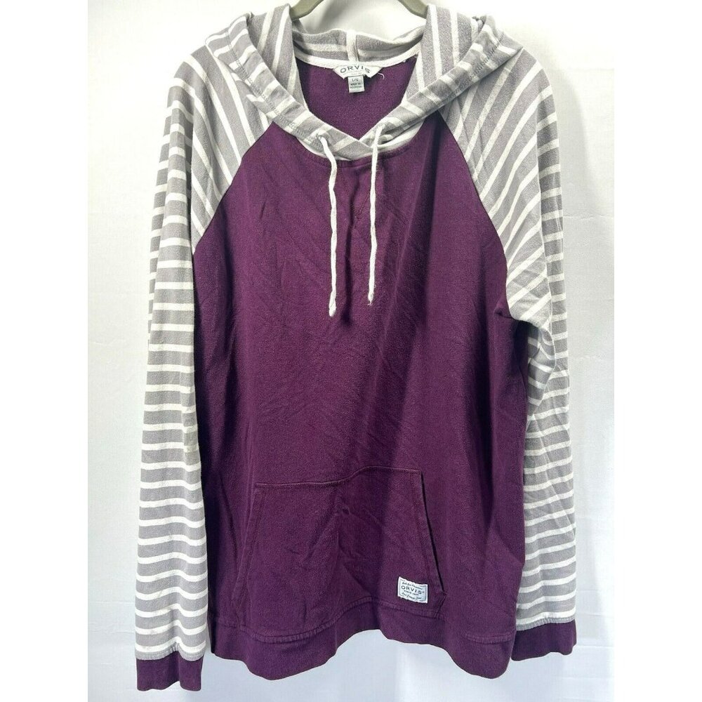 Orvis Womens Hoodie Large Burgundy Gray White Striped Raglan Cotton Blend Top